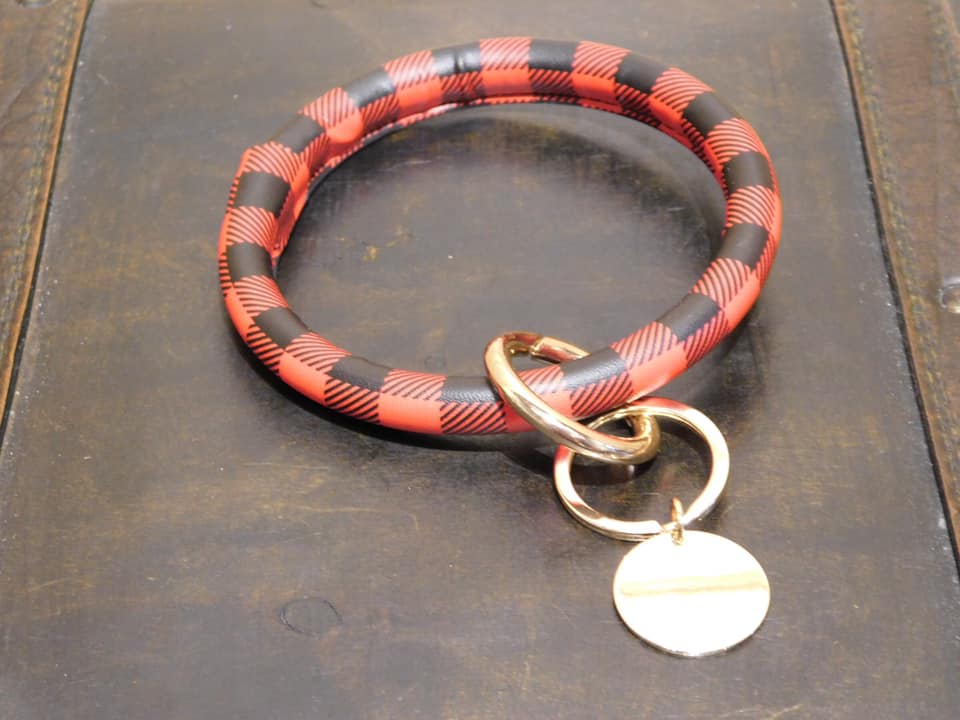 Vegan Leather Bangle Keyring with Metal Monogram Circle - Red Buffalo