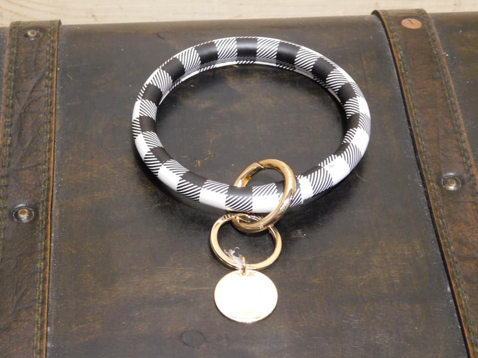 Vegan Leather Bangle Keyring with Metal Monogram Circle - White Buffalo