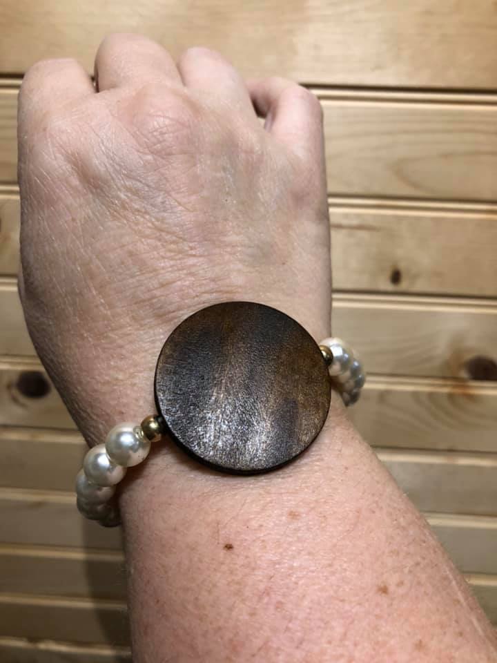 Round Wood Disc and Pearl Bracelet