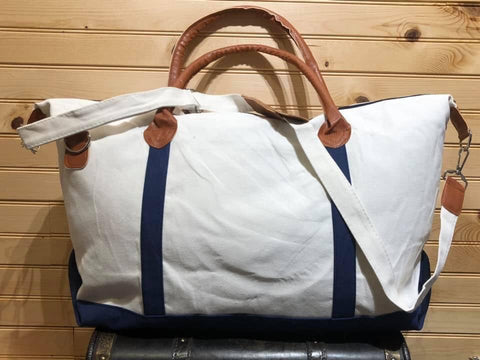 White with Blue Trim Overnight / Weekender Bag with Strap