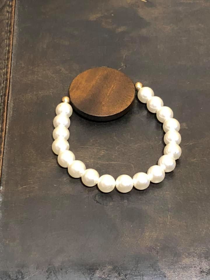 Round Wood Disc and Pearl Bracelet