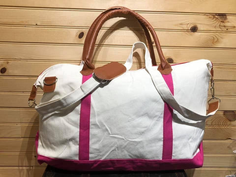 White with Pink Trim Overnight / Weekender Bag with Strap