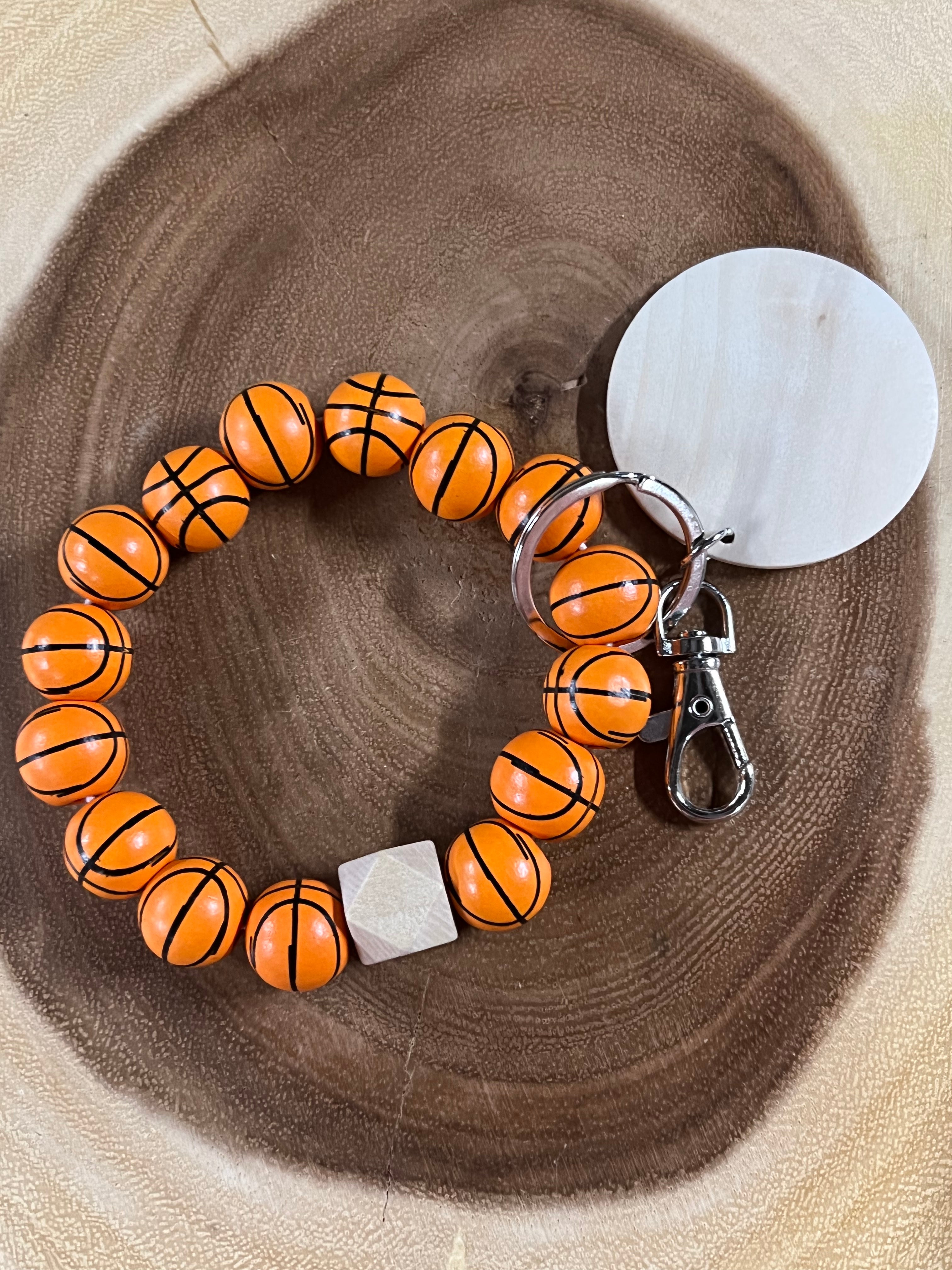 Wood Basketball with Monogram Wood Disc Bead Bracelet Keyring