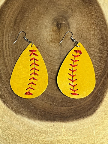 Vegan Leather Earring - Softball with Stitching