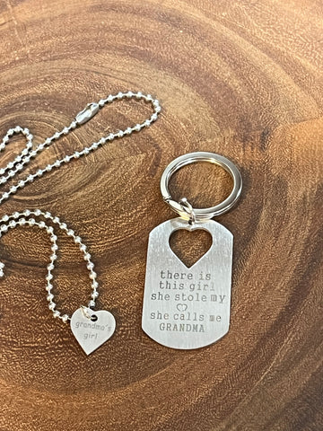 GrandMa's Dog Tag Keyring with Grandma’s girl Heart Necklace