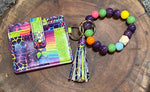 Wood Bead Bangle with Vegan Leather Credit Card - VBCC - Lime / Purple / Multi Colors