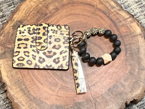 Black and 4 Leopard Silicone Bead Bangle with Vegan Leather Credit Card - VBCC - Leopard