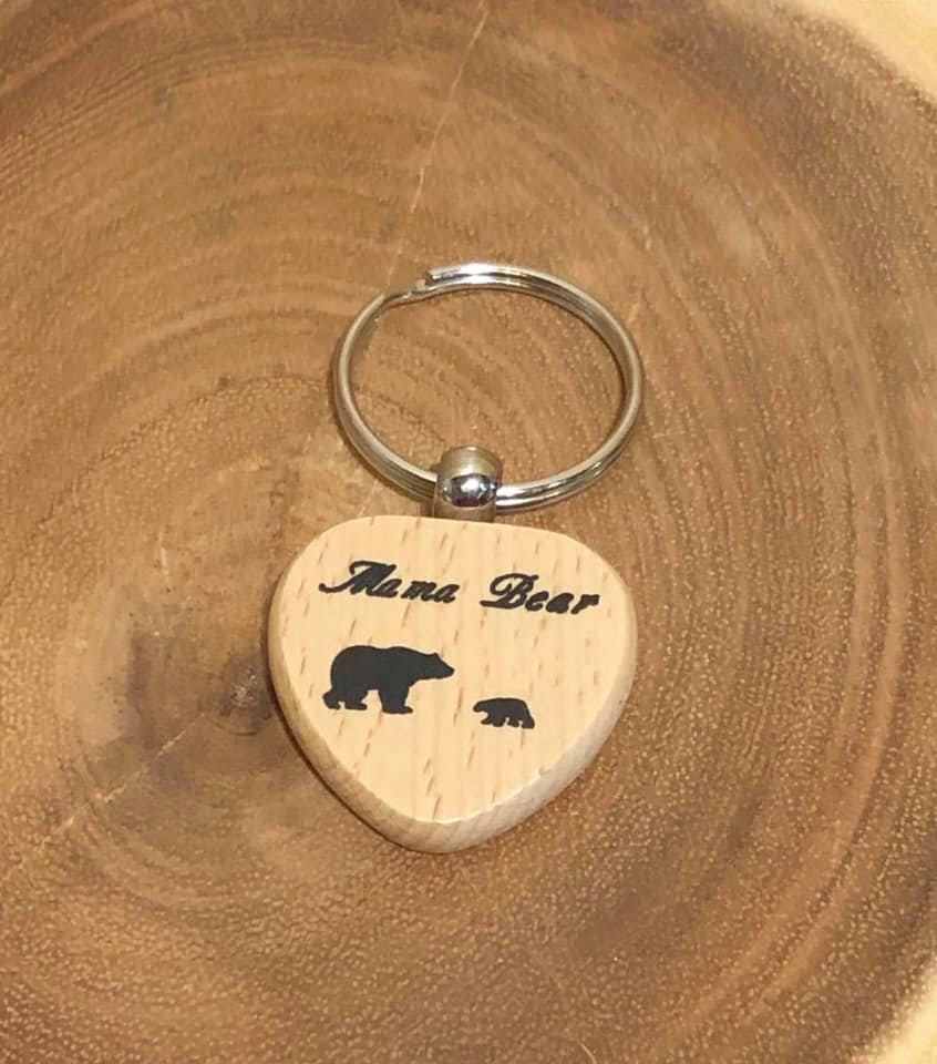 Mama Bear Keyring - Wood Heart with Mama Bear and One Cub