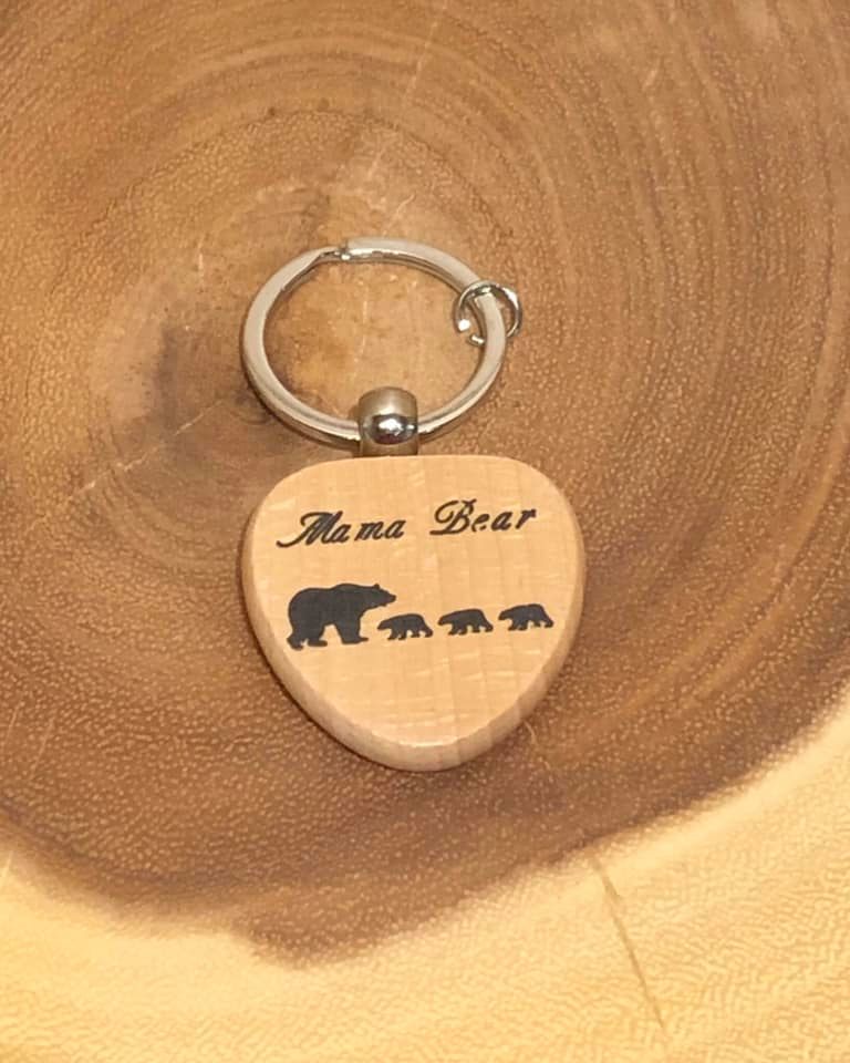 Mama Bear Keyring - Wood Heart with Mama Bear and Three Cub
