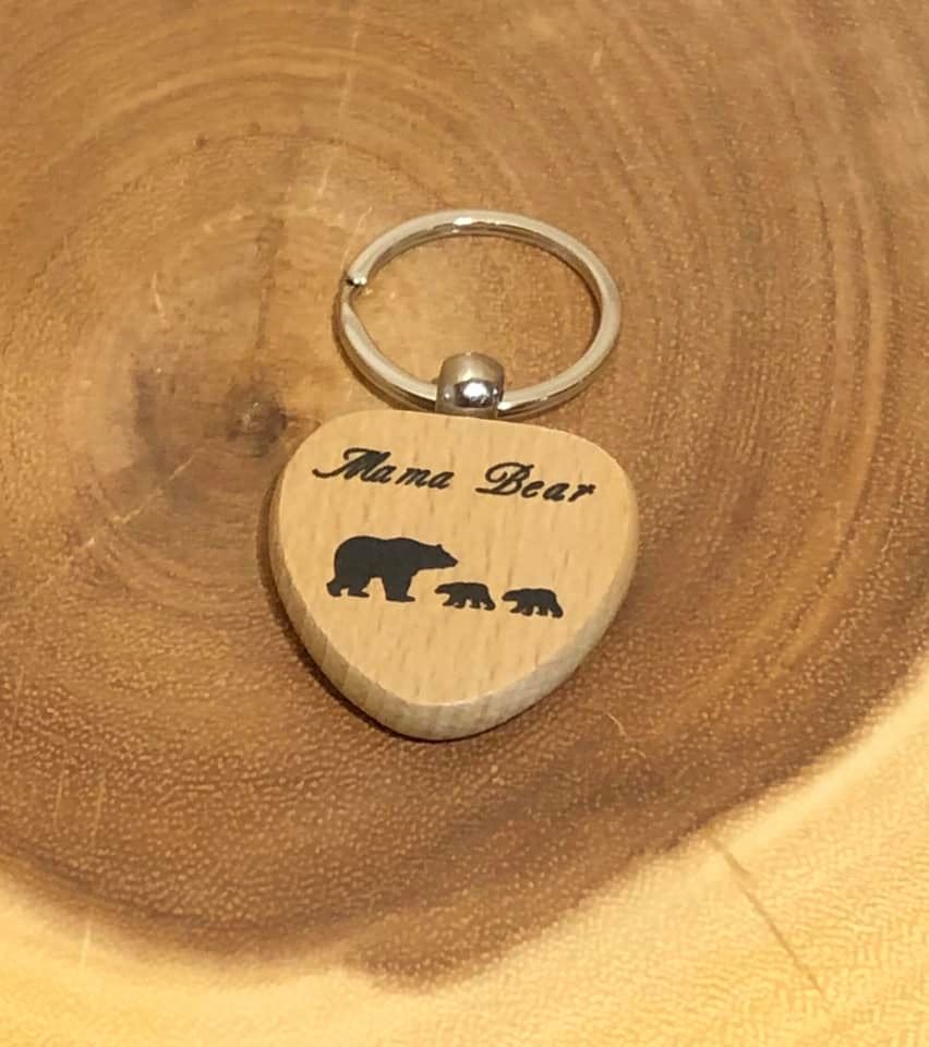 Mama Bear Keyring - Wood Heart with Mama Bear and Two Cub