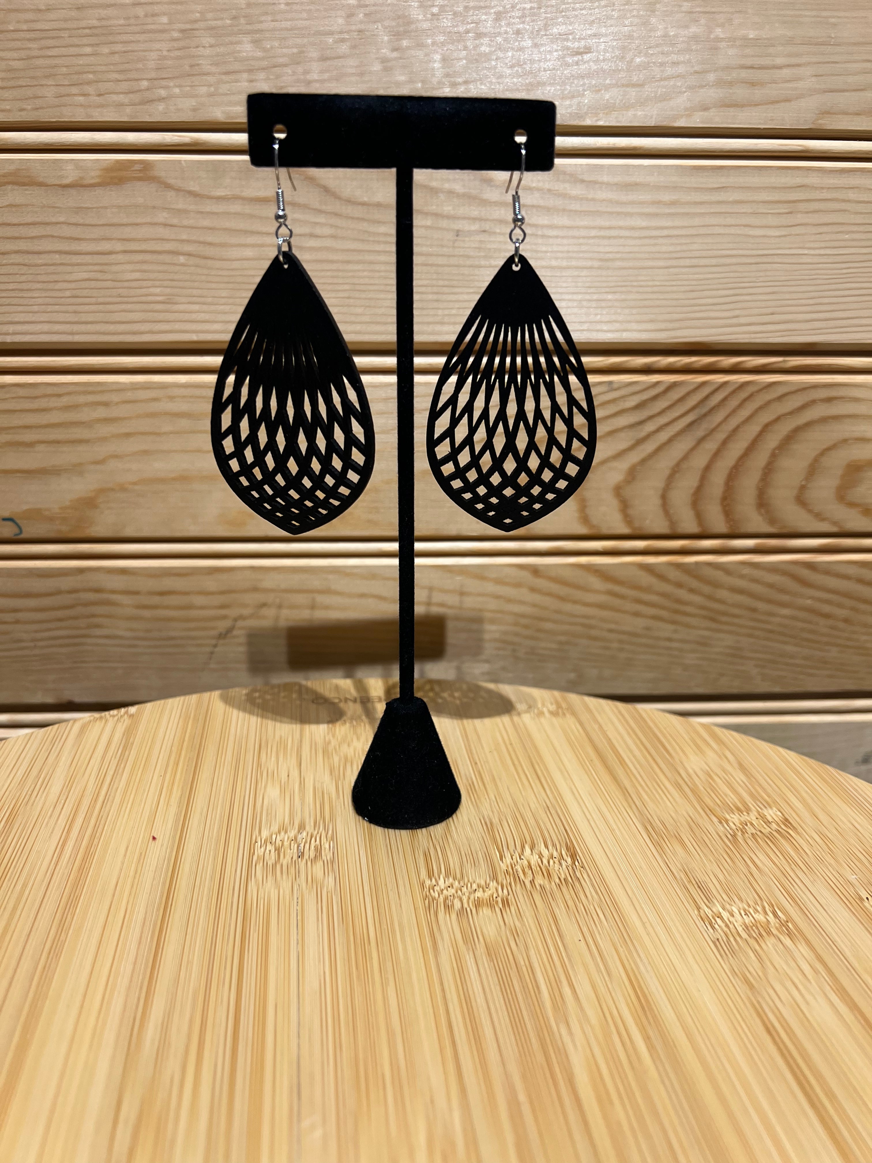 Black Wood Earring - Filigree Tear Drop