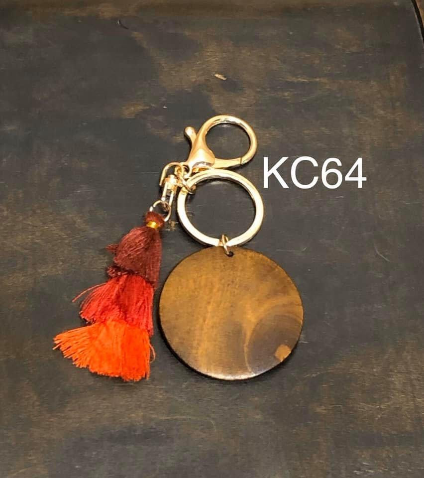 Wood Disc with Triple Tassel keyring - Burgundy / Red / Rust