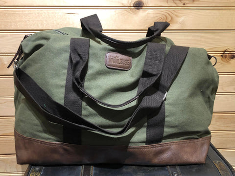 Canvas Duffle Bag with Strap - Army Green with Light Brown Vegan Leather