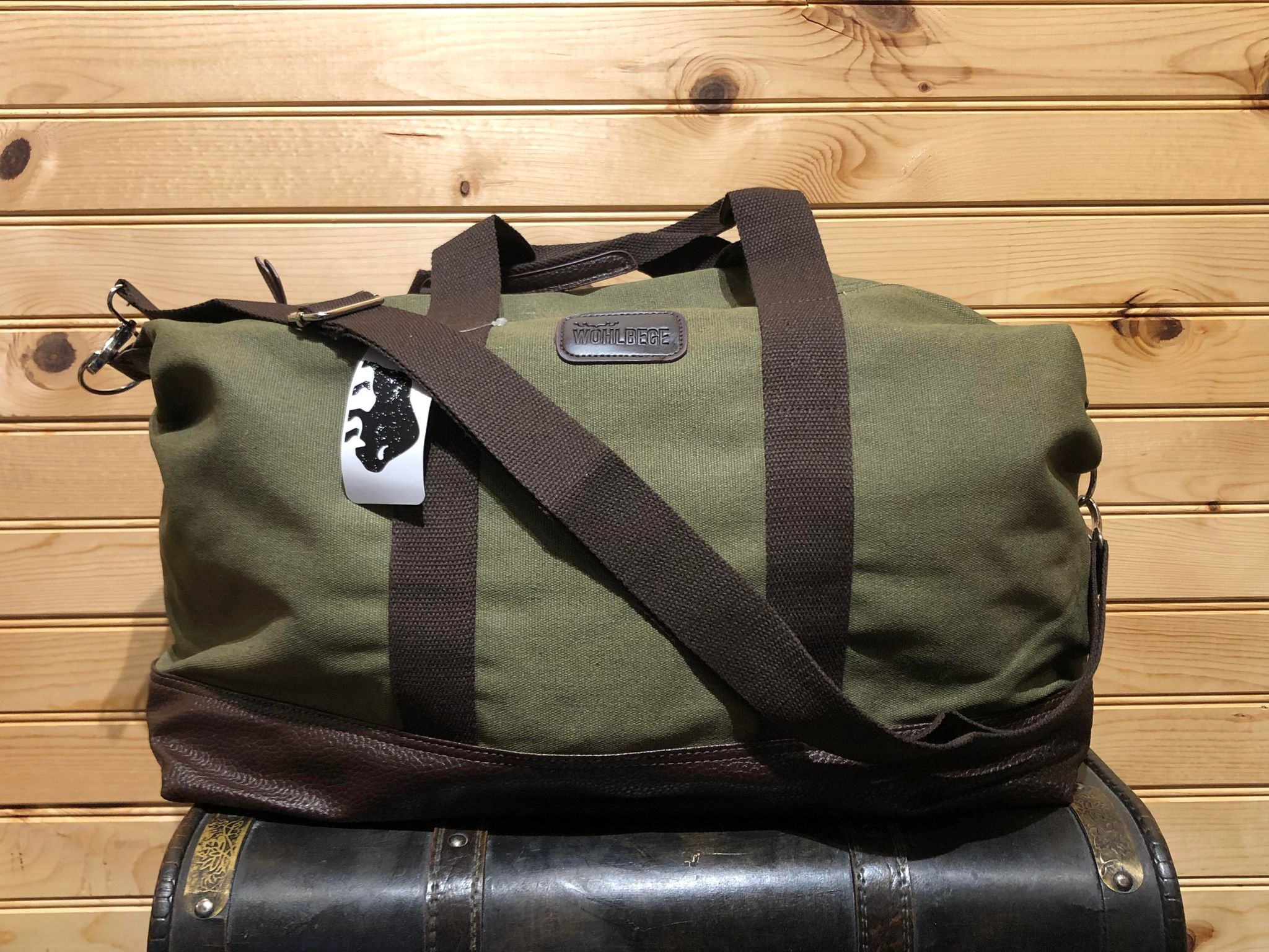 Canvas Duffle Bag with Strap - Army Green with Texture Vegan Leather