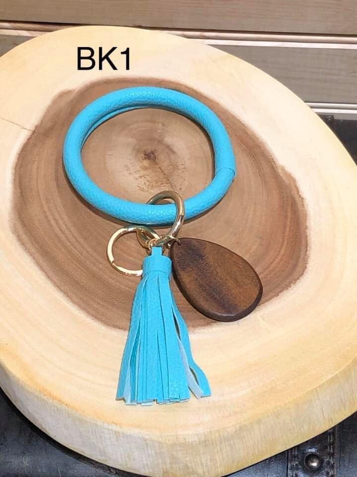 Vegan Leather Bangle Keyring with Wood Teardrop - BK1 - Teal