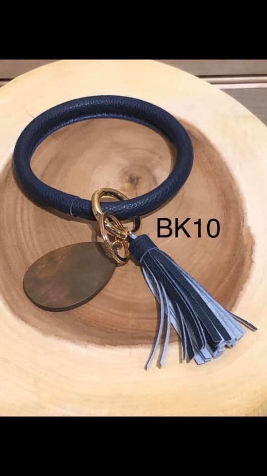 Vegan Leather Bangle Keyring with Wood Teardrop - Navy