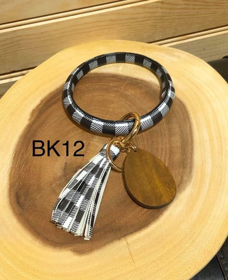 Vegan Leather Bangle Keyring with Wood Teardrop - White Buffalo