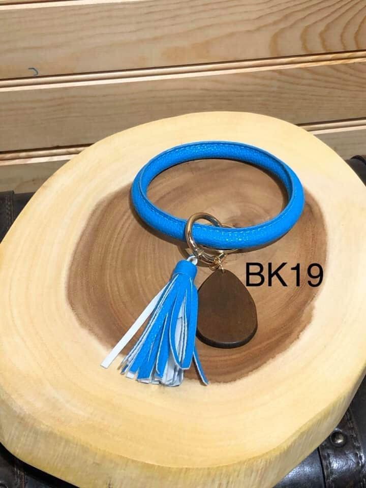 Vegan Leather Bangle Keyring with Wood Teardrop - Blue