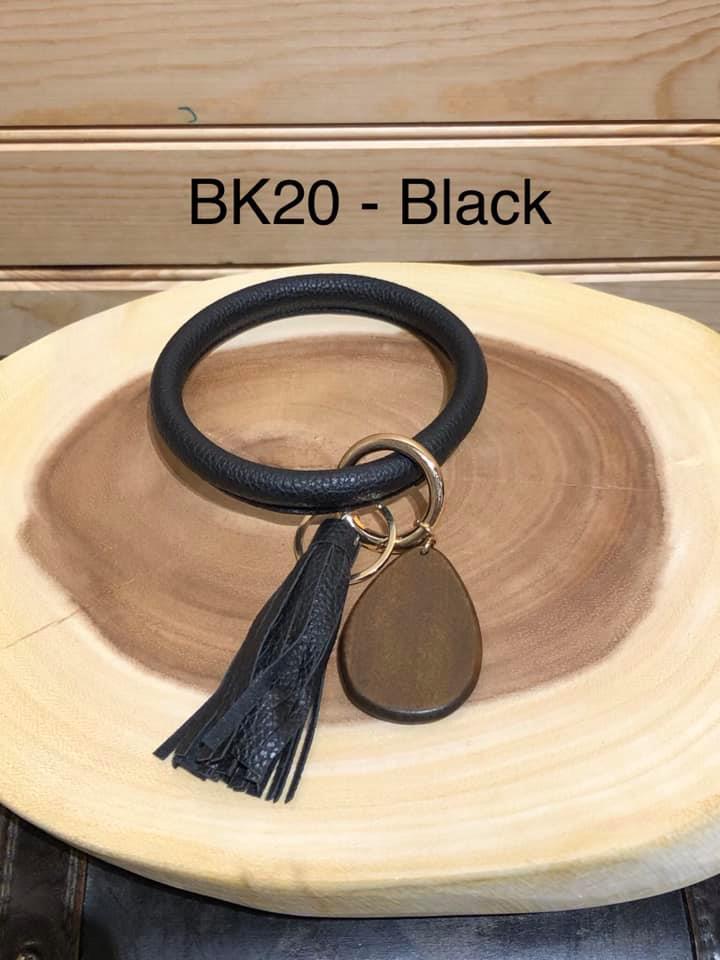 Vegan Leather Bangle Keyring with Wood Teardrop - Black - BK20