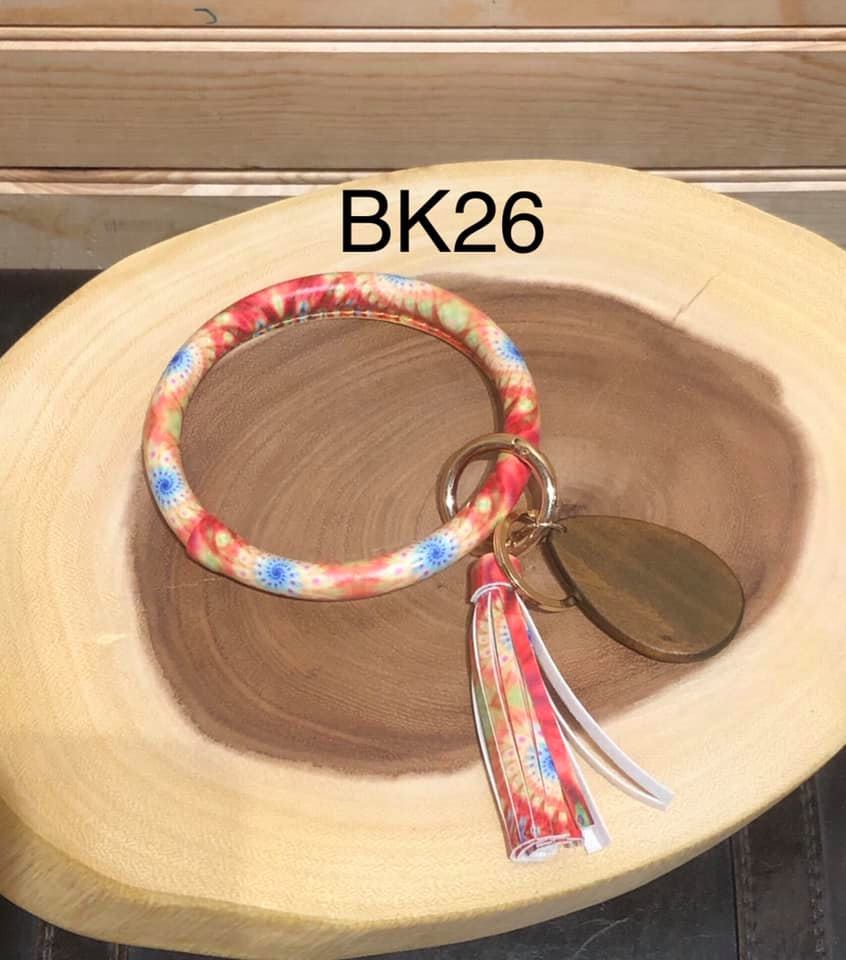 Vegan Leather Bangle Keyring with Wood Teardrop - Orange / Blue Tiedye BK26