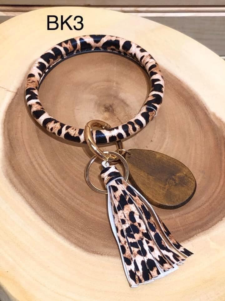 Vegan Leather Bangle Keyring with Wood Teardrop - Taupe Leopard - BK3