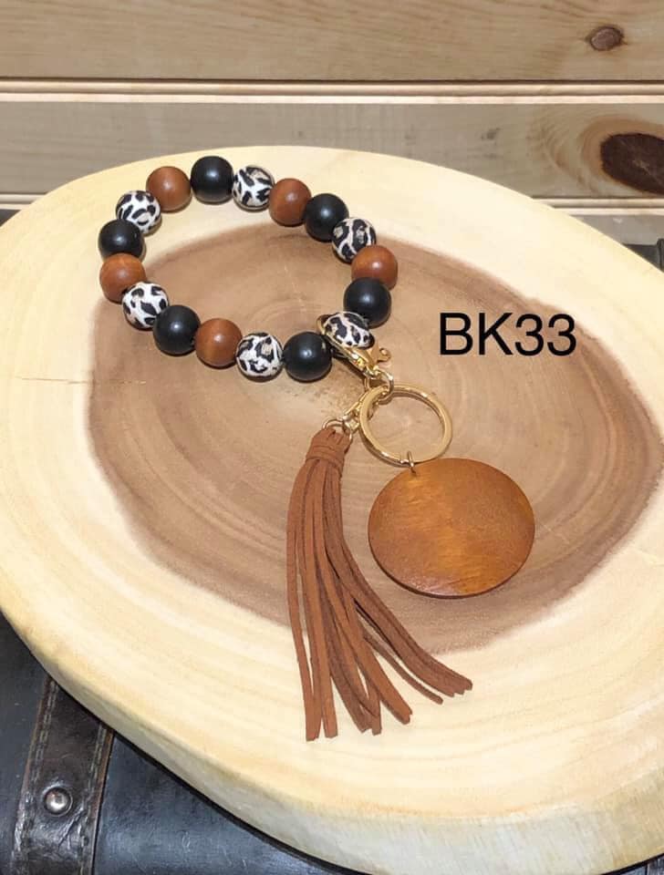 Wood and Leopard Bead Bracelet Keyring - Brown Tassel