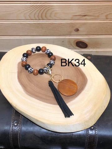 Wood and Leopard Bead Bracelet Keyring - Black Tassel - BK34