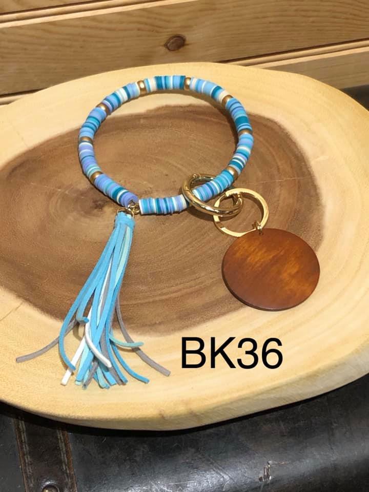 Silicone Bangle Wood Monogram Circle Keyring - Blue