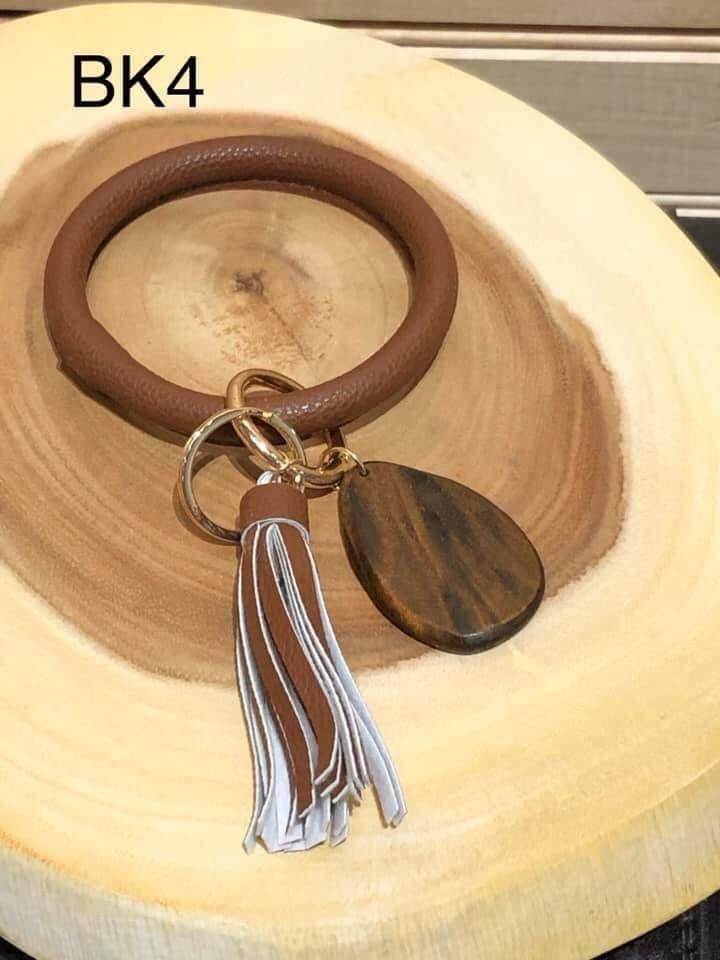 Vegan Leather Bangle Keyring with Wood Teardrop - Brown - BK4