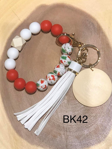 Silicone Bead / Wood Bead Keyring with Wood Disc and Tassel - BK42