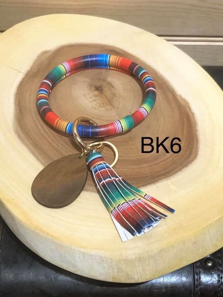 Vegan Leather Bangle Keyring with Wood Teardrop - Serape