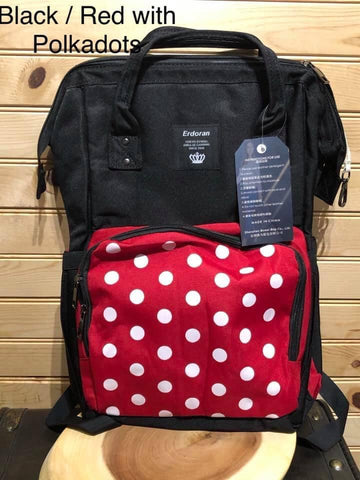 Diaper Backpack - Red / Black with Polkadots