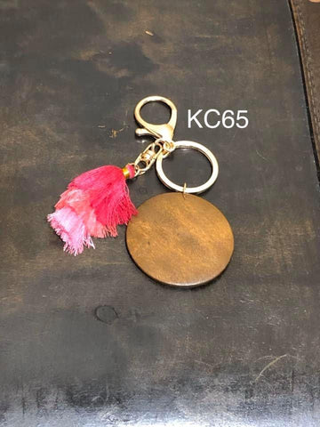 Wood Disc with Triple Tassel keyring - Red / Hot Pink / Pink