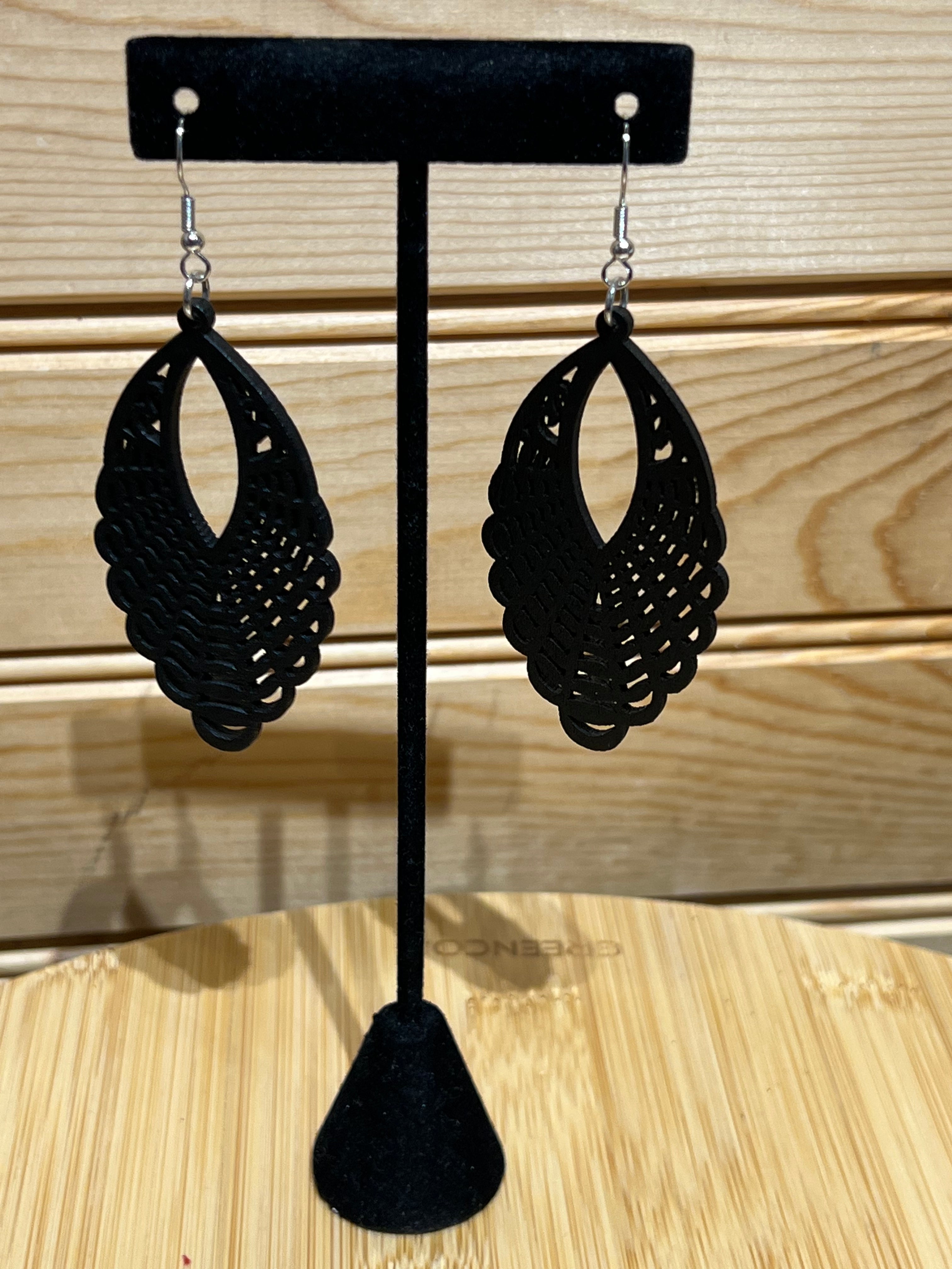 Black Wood Earring - Open with Filigree Oval