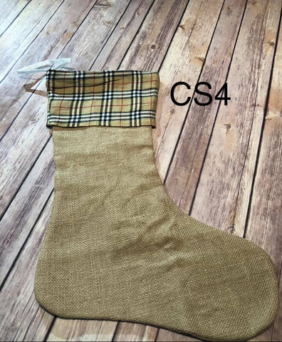 Christmas Stocking - CS4 - Tan Plaid Cuff Real Burlap stocking