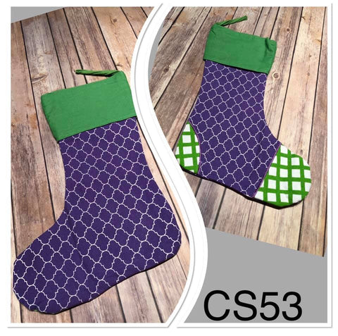 Christmas Stocking - CS53 - Purple Stocking with Green Cuff and Cross Green/White Toe & Heal