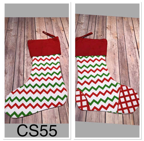 Christmas Stocking - CS55 Small Chevron Red and Green with Red Criss Cross Toe and Heal