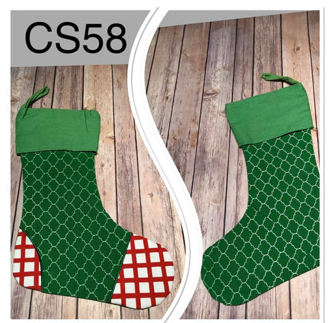 Christmas Stocking - CS58 - Green with Design and Red Criss Cross Toe and Heal