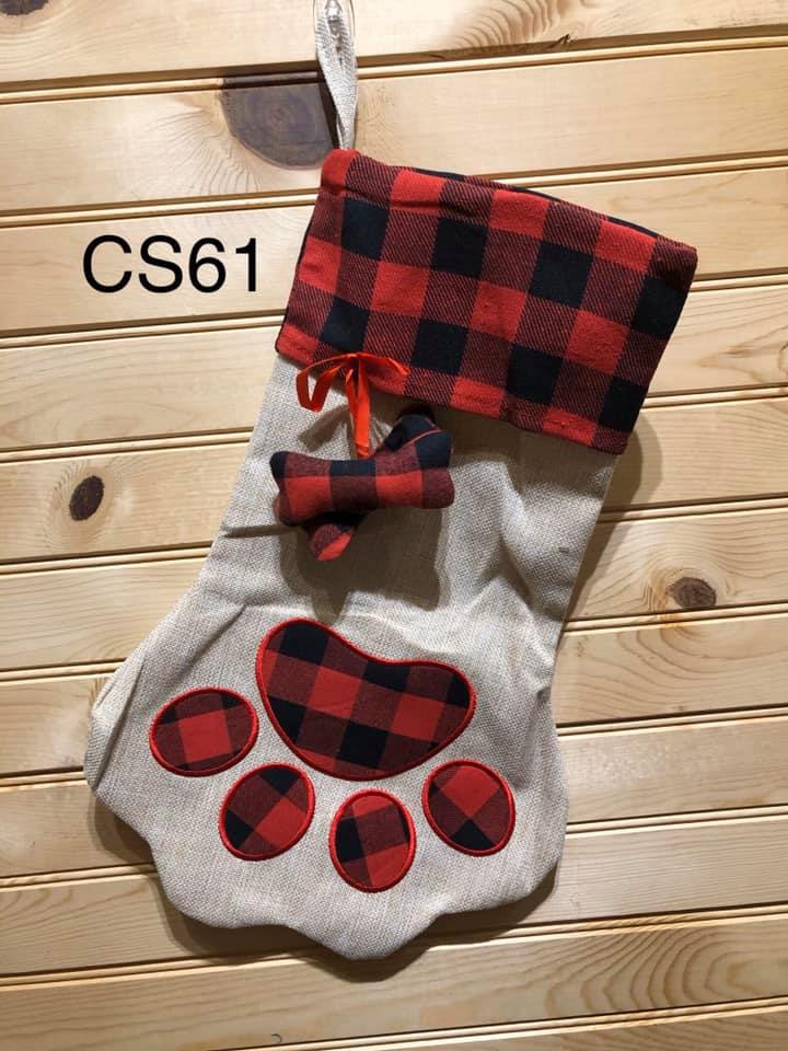 Christmas Stocking - CS61 - Faux Burlap Paw Stocking Red Buffalo with Dog Bone