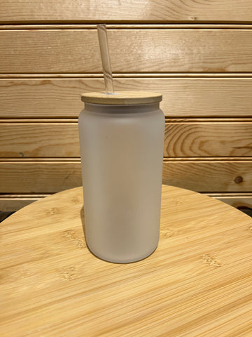 Frosted Glass Can with Bamboo Lid and Plastic Straw - 16 oz