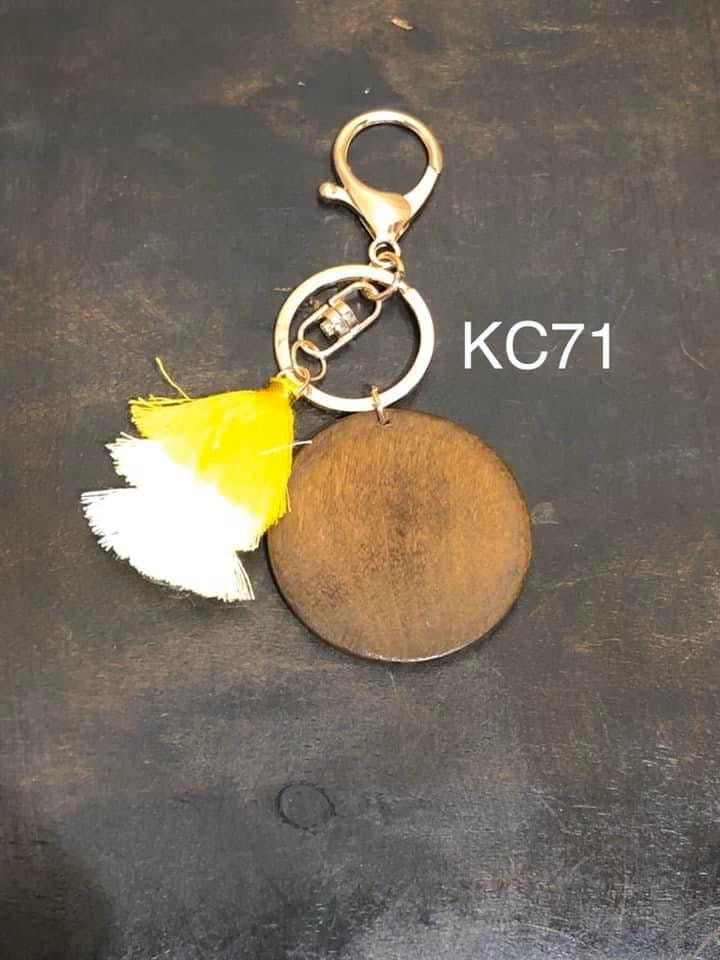 Wood Disc with Triple Tassel keyring - Gold / Yellow / Pale Yellow