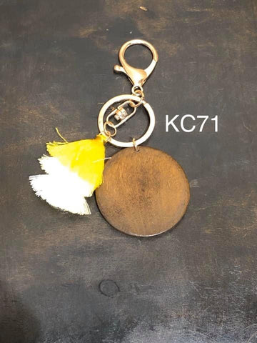 Wood Disc with Triple Tassel keyring - Gold / Yellow / Pale Yellow