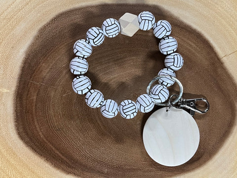 Wood Volleyball with Monogram Wood Disc Bead Bracelet Keyring