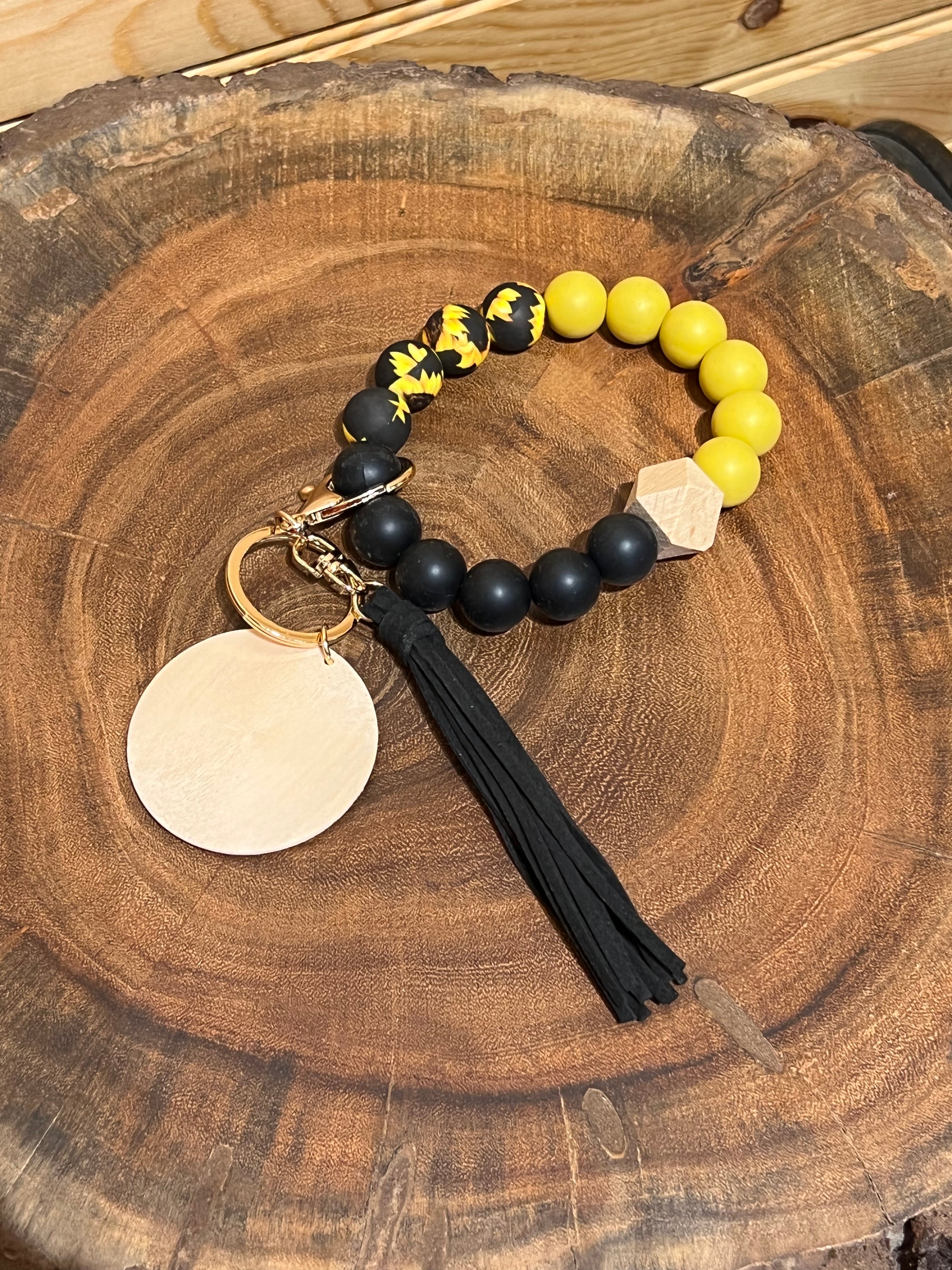 Black, Yellow and Sunflower Silicone Bead Bracelet Keyring