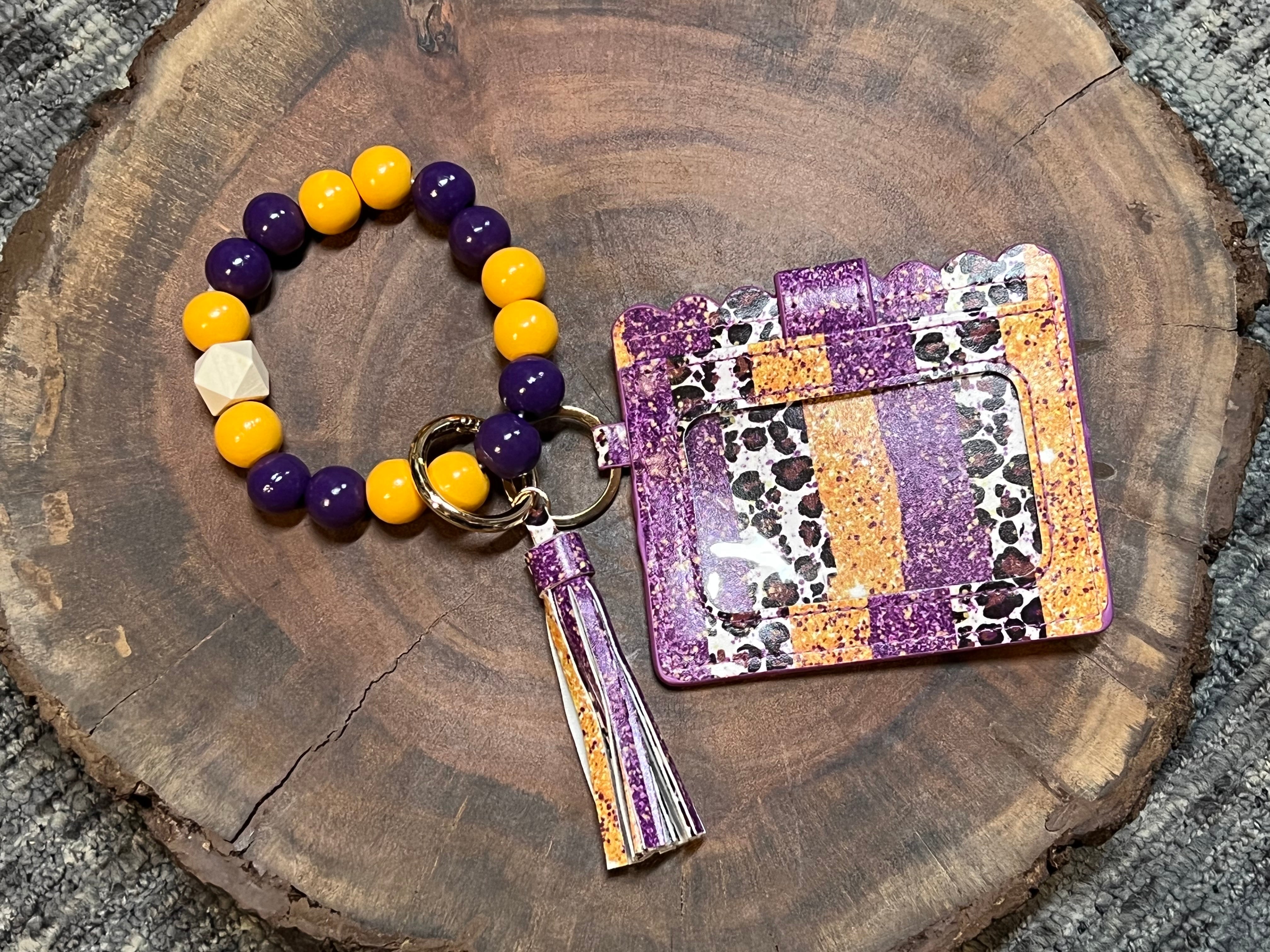 Wood Bead Bangle with Vegan Leather Credit Card - VBCC - Orange / Purple / Leopard