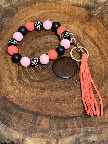 Leopard and Pink Wood Bead Keyring with Wood Disc and Tassel Bracelet - BK44