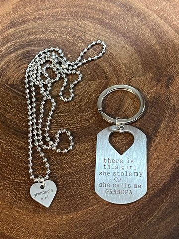 GrandPa's Dog Tag Keyring with GrandPa's Girl Heart Necklace