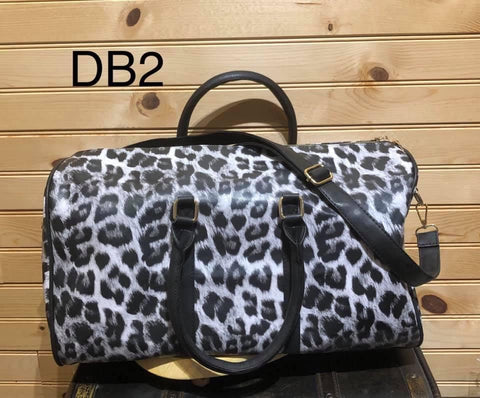Vegan Leather Duffle Bag with Strap - DB2 - Grey Leopard