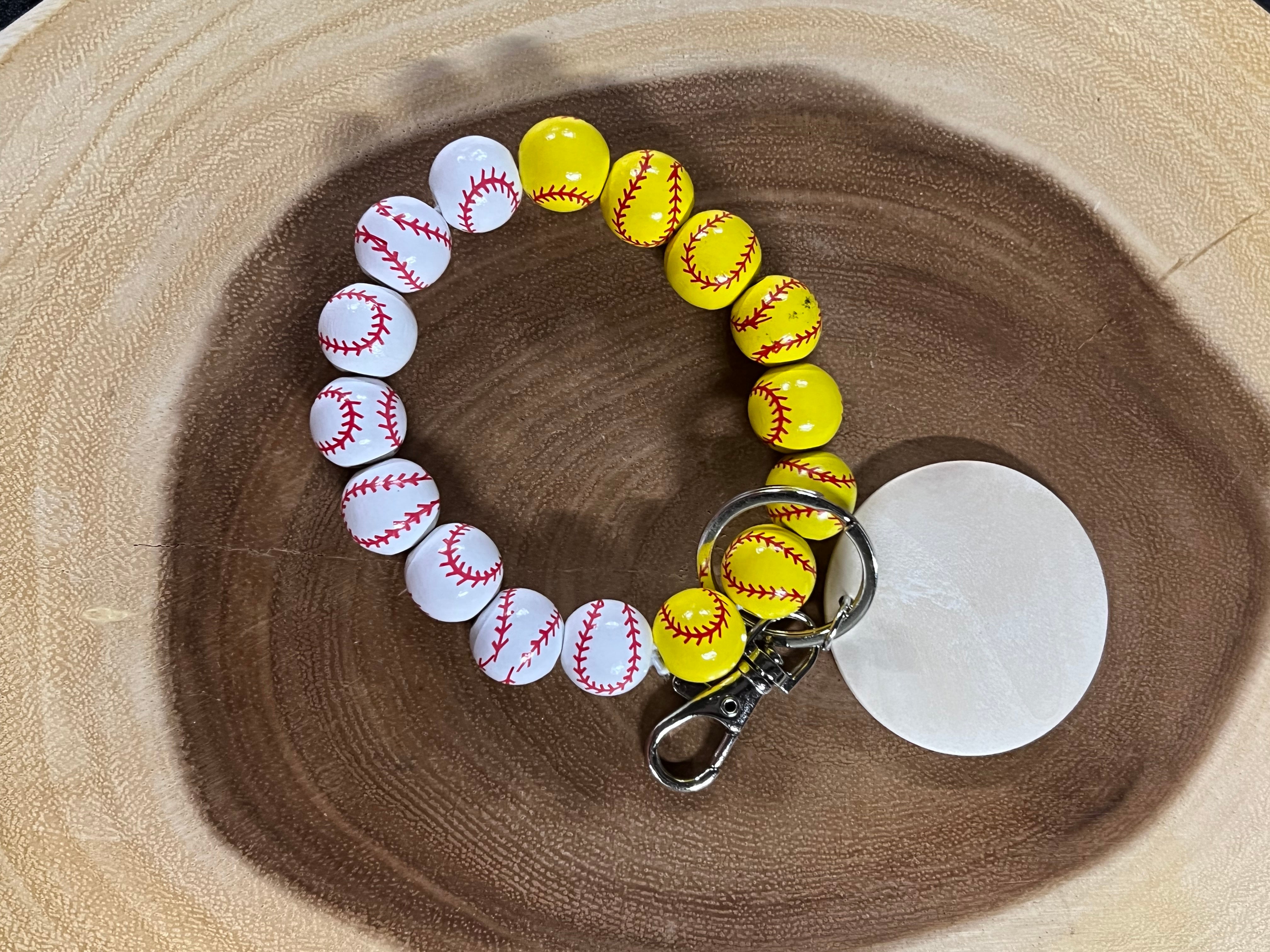 Wood Baseball / Softball Split with Monogram Wood Disc Bead Bracelet Keyring