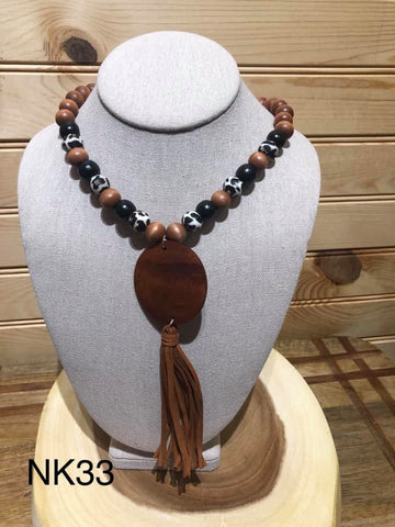 Wood and Leopard Bead with Monogram Disc and Brown Tassel